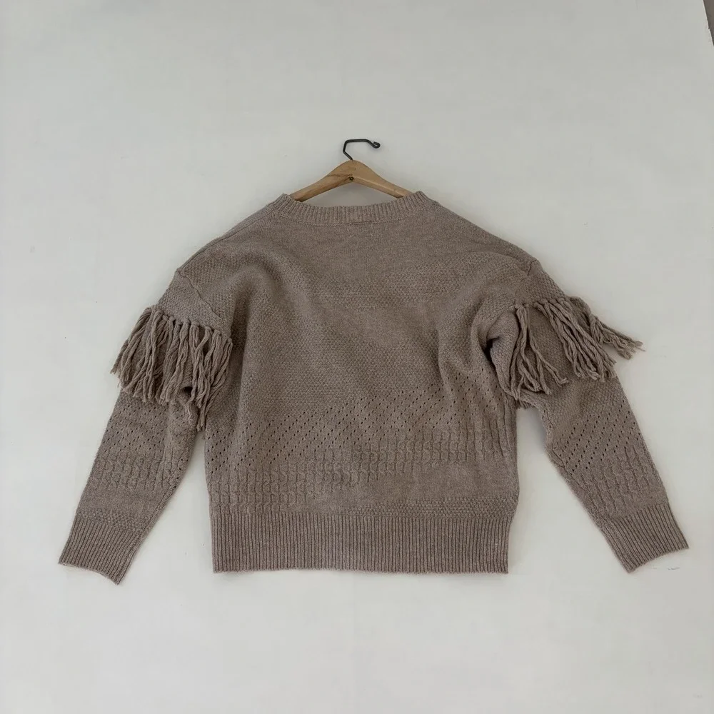 Knit Fringe Pullover Women Sweater S/M Beige Boho Festival Tassel Western Cowgir